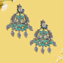 Sangria Silver-Plated Stone-Studded Peacock Shaped Brass Drop Earrings-8