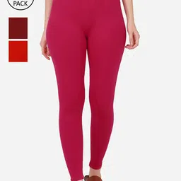 BUY NEW TREND Women Pack Of 3 Maroon & Pink Solid Ankle-Length Leggings-image-18