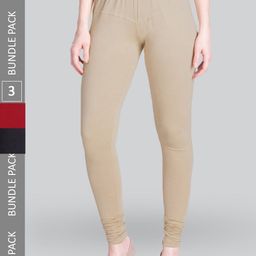 LYRA Pack Of 3 Churidar Length Cotton Lycra Leggings-image-94