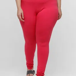 De Moza Women Coral-Coloured Solid Cotton Churidar-Length Leggings-34