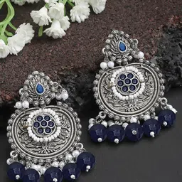 KARATCART Silver-Plated Oxidised Kundan Contemporary Drop Earrings-10