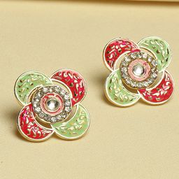 OOMPH Gold Plated Floral Kundan Meenakari Studs Earrings-24