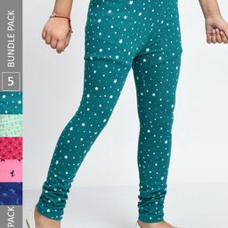 BAESD Girls Pack of 5 Printed Super Soft Pure Cotton Churidar- Length Leggings-image-51