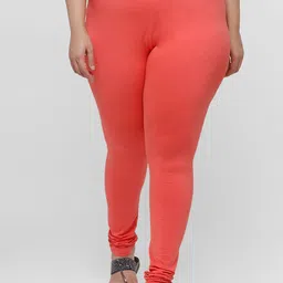 De Moza Women Coral-Coloured Solid Cotton Churidar-Length Leggings-image-87