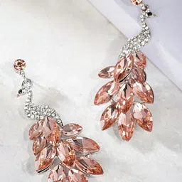 DressBerry Silver-Plated And Peach-Coloured Artificial Stones Peacock Shaped Drop Earrings-image-45