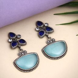 Anvik Silver-Plated American Diamond Contemporary Oxidised Drop Earrings-14