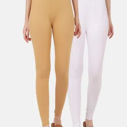BUY NEW TREND Women Pack Of 2 Beige & White Solid Ankle-Length Pure Cotton Leggings-15
