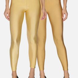 TWIN BIRDS Women Pack Of 2 Gold-Coloured Solid Tailored-Fit Ankle-Length Shimmer Leggings-image-64