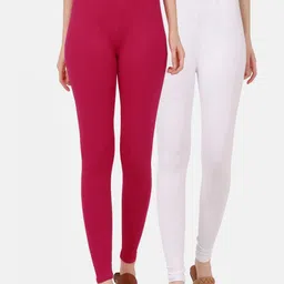 BUY NEW TREND Women Pack Of 2 Pink & White Solid Cotton Ankle-Length Leggings-25