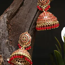 ANIKAS CREATION Gold-Plated Stone Studded & Beaded Dome Shaped Jhumkas-25