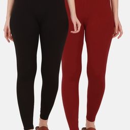 BUY NEW TREND Women Pack Of 2 Solid Maroon & Black Pure Cotton Ankle-Length Leggings-image-95