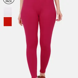 BUY NEW TREND Women Pack Of 3 Solid White, Pink and Red Pure Cotton Ankle-Length Leggings-image-96