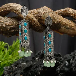 Sangria Silver-Plated Stone-Studded & Beaded Weightless Oxidised Drop Earrings-23