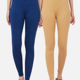 BUY NEW TREND Women Pack Of 2 Blue & Beige Solid Ankle-Length Pure Cotton Leggings-image-38