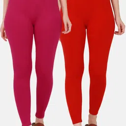 BUY NEW TREND Women Pack Of 2 Pink & Red Solid Pure Cotton Ankle Length Leggings-8