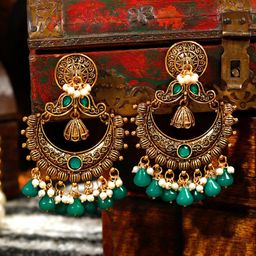 Yellow Chimes Green Oxidised Gold Plated Peacock Designed Crystal studded Chandbalis-picture-10