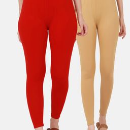 BUY NEW TREND  Women Pack Of 2 Solid Beige & Red Pure-Cotton Ankle-Length Leggings-image-85