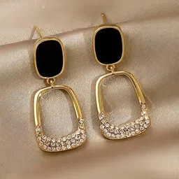 FIMBUL Gold-Plated Rhinestone Studded Square Drop Earrings-58