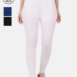 BUY NEW TREND Women Pack Of 3 White & Blue Solid Cotton Ankle Length Leggings-image-52