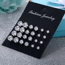 Jewels Galaxy Set of 12 Silver-Plated Contemporary Studs Earrings-14