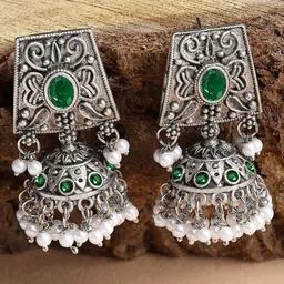 KARATCART Silver Plated  Kundan Studded Contemporary Jhumkas Earrings-image-33