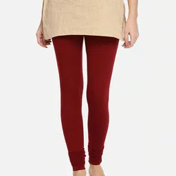 TWIN BIRDS Women Maroon Solid Churidar-Length Leggings-12