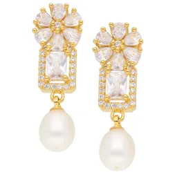 Sri Jagdamba Pearls Dealer Gold-Plated Floral Stone Studded & Beaded Drop Earrings-2