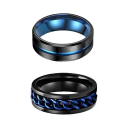 Yellow Chimes Men Set Of 2 Blue & Black Stainless Steel Band Finger Rings-14