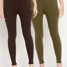 TAG 7 Women Pack Of 2 Olive & Brown Solid Ankle Length Leggings-image-94