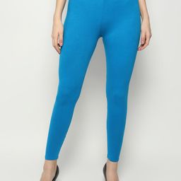 KEX Women Pack of 2 Blue & White Solid Cotton Ankle Length Leggings-image-44