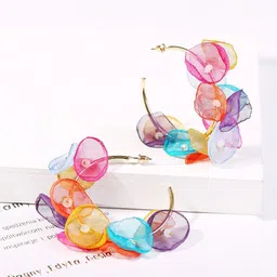 Yellow Chimes Gold Toned Multicolor Petals Attached Half Hoop Earrings-40