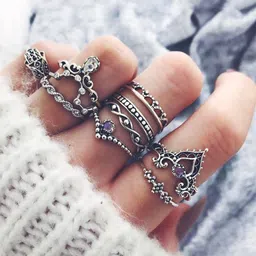 Yellow Chimes Set of 10 Silver-Toned Oxidised Retro Vintage Rings-18