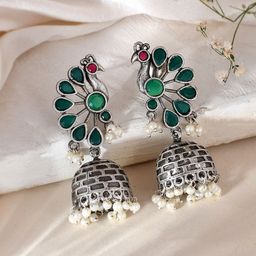 DASTOOR Silver-Toned Contemporary Jhumkas Earrings-image-90