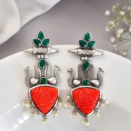 DASTOOR Silver-Plated Stone Studded Oxidised Drop Earrings-18
