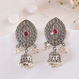 DASTOOR Silver-Plated Contemporary Jhumkas-image-61