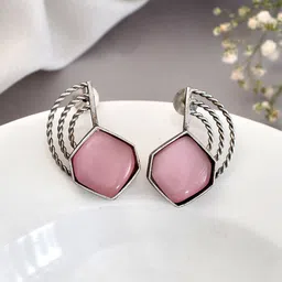 DASTOOR Silver-Plated Stone-Studded Oxidised Contemporary Studs Earrings-16