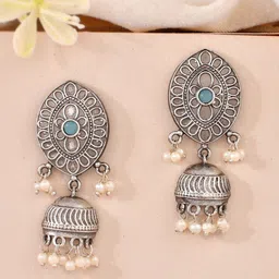 DASTOOR Silver-Plated Teardrop Shaped Oxidised Jhumkas-image-9