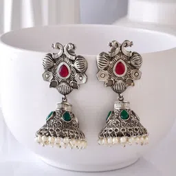 DASTOOR Silver-Plated Dome Shaped Stone Studded & Beaded Jhumkas-picture-34