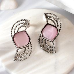 DASTOOR Silver-Plated Stone-Studded Oxidised Contemporary Studs Earrings-17