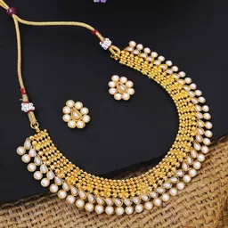 Crunchy Fashion Gold-Toned Kundan Choker Necklace Set With Earrings-picture-26