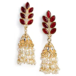 Anouk Gold-Plated & Red Artificial Stones & beads Teardrop Shaped Jhumkas image 2