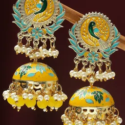 OOMPH Peacock Shaped Beaded Meenakari Jhumkas-55