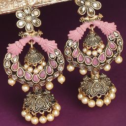 OOMPH Pink & Gold-Toned Peacock Shaped Jhumkas Earrings-image-54