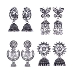 MEENAZ Set Of 4 Silver-Plated Oxidised Peacock Shaped Jhumkas-image-32