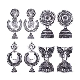 MEENAZ Set Of 4 Silver-Plated Stainless Steel Stones Studded Jhumkas-15