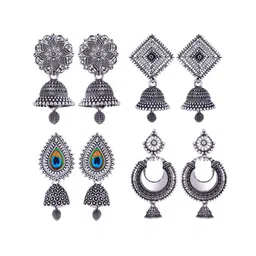 MEENAZ Set Of 4 Silver-Plated Stainless Steel Oxidised Jhumkas-image-42