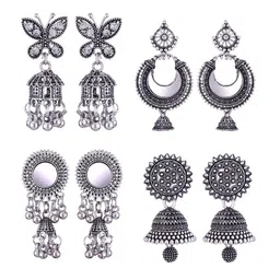 MEENAZ Set of 4 Oxidised Silver Plated Stainless Steel Jhumkas-6