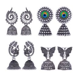 MEENAZ Set Of 4 Silver Plated Oxidised Dome Shaped Stainless Steel Jhumkas-image-109
