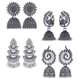 MEENAZ Set Of 4 Stainless Steel Silver-Plated Beaded Peacock Shaped Jhumkas-image-33