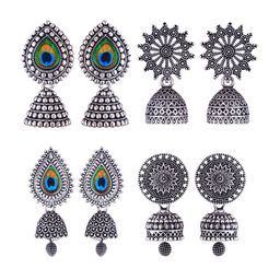 MEENAZ Set Of 4 Silver-Plated Stone-Studded & Beaded Stainless Steel Oxidised Jhumkas-image-105
